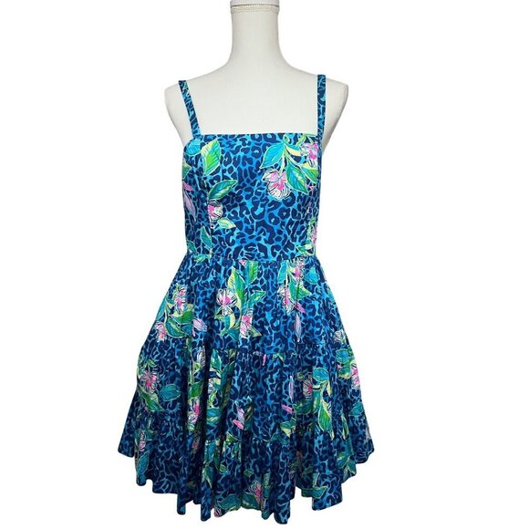 Lilly Pulitzer Womens Vintage Blue Green Floral Hawaiian Fit & Flare Midi Dress